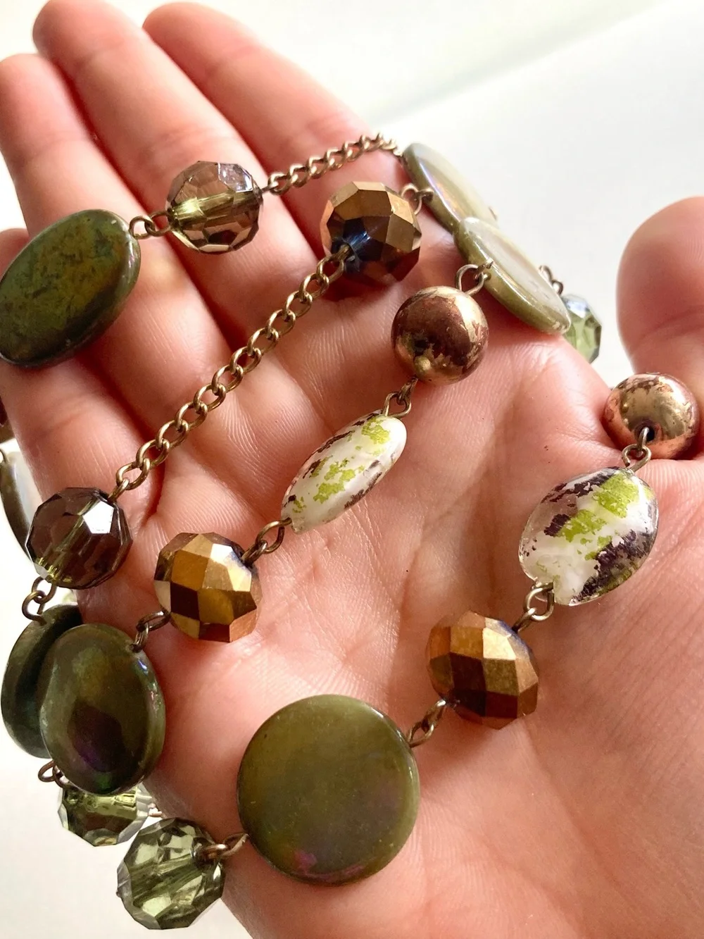 Gold and silver tone Chain Necklace with Light Green Beads signed EL